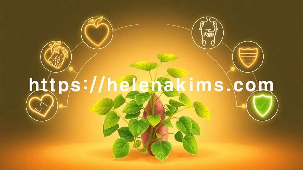 신선한 고구마순이 중앙에 배치되고, 그 주위를 5가지 건강 아이콘(역동적인 심장-혈관, 튼튼한 뼈, 안정된 혈당 곡선, 건강한 장, 빛나는 면역 방패)이 부드러운 곡선을 그리며 감싸고 있는 이미지.