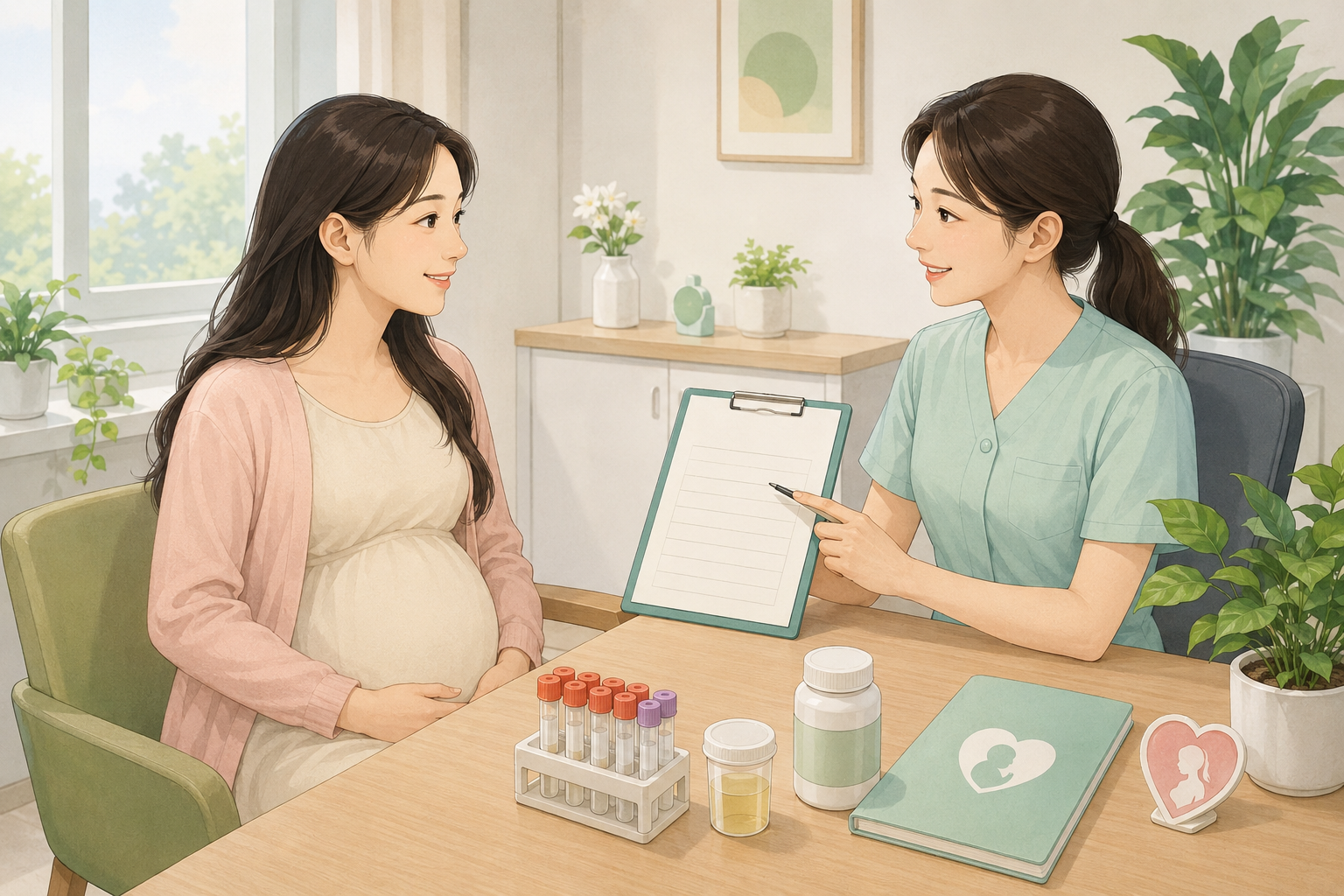 보건소에서 임산부가 산전검사와 임산부 등록 상담을 받는 이미지