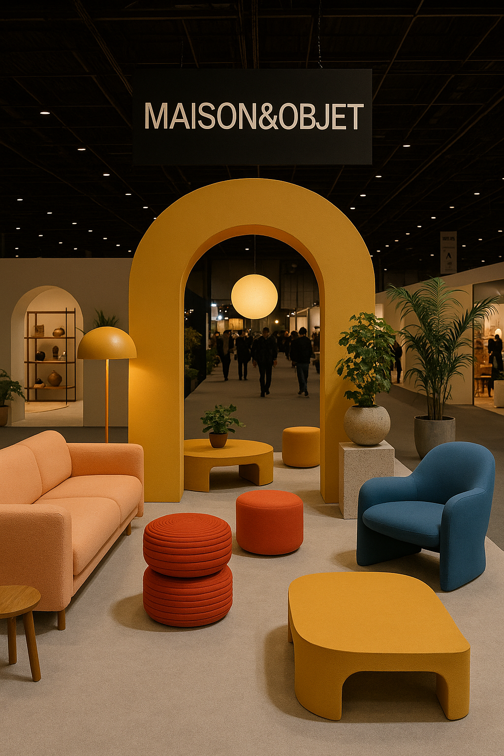 노란 아치 구조와 파스텔 톤 가구들이 배치된 메종 오브제 전시장 대표 부스 전경, 따뜻한 조명과 식물이 어우러져 아늑한 분위기를 강조한다.