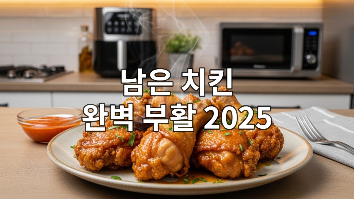 2025년 에어프라이어와 전자레인지로 맛있게 데워진 바삭한 후라이드 및 촉촉한 양념 치킨이 놓인 식탁.