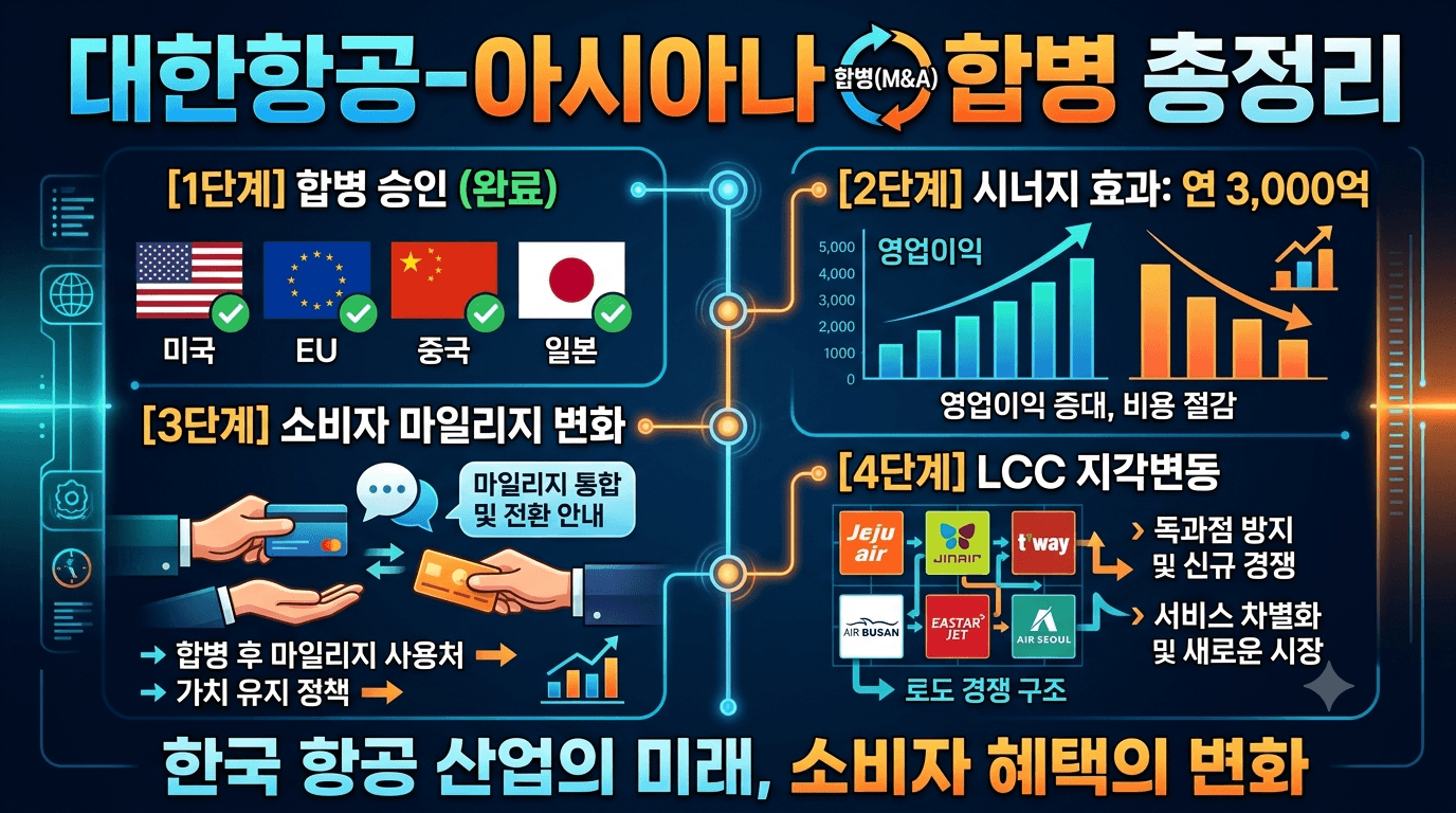 [메가캐리어 출범] 대한항공&middot;아시아나 합병 일정과 연간 3000억 시너지 효과 및 소비자 마일리지 변화&middot;LCC 지각변동 총정리