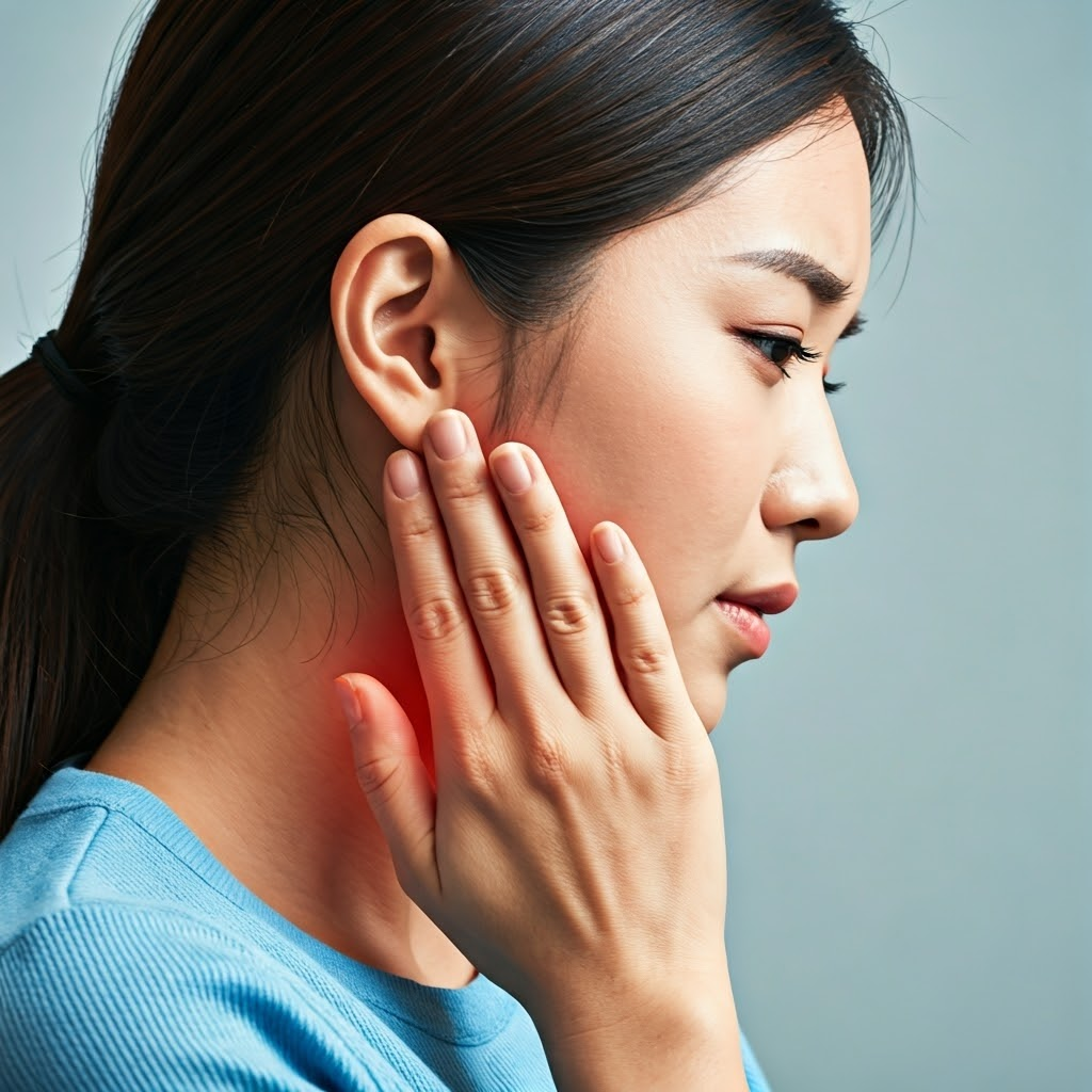오른쪽 턱관절 통증으로 손바닥으로 아픈 부위를 만지고 있는 여성 사진