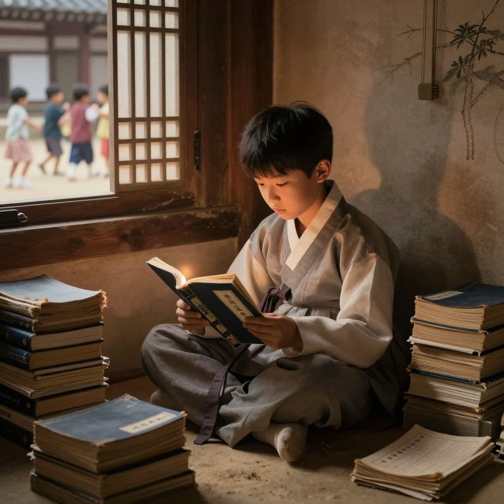 가난한 양반가의 어린 신채호가서당 한구석에 홀로 앉아 고대 역사책에 깊이 빠져 있다. 가난한 현실 속에서도 책을 손에서 놓지 않는 모습.