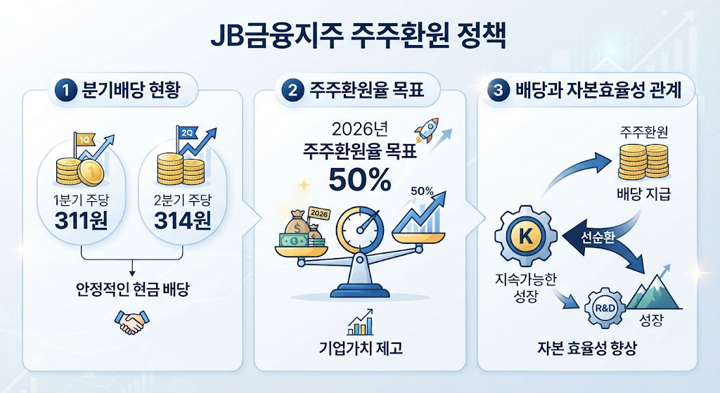 JB금융지주의 분기배당 확대와 2026년 주주환원율 목표를 보여주는 금융 인포그래픽