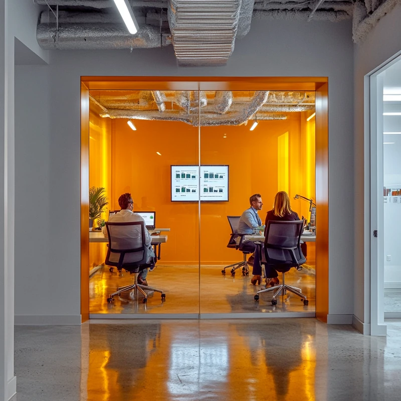 전문가들이 모여 ETF 포트폴리오에 대해 토론하며 조화로운 업무 환경을 느끼는 장면. 자연 조명이 안락함을 더하는 금융 협력의 순간.