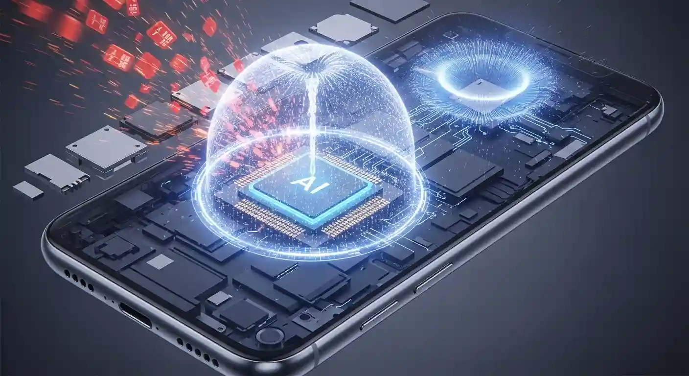 <img src="on_device_ai_shielding_data_privacy.webp" alt="스마트폰 내부에서 AI 칩이 작동하며 외부와 단절된 데이터 흐름을 방패처럼 보호하는 장면을 표현한 이미지 입니다">