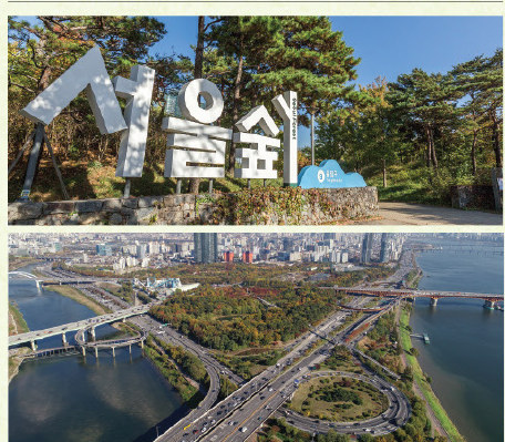 서울숲 공원 입구의 대형 조형물 간판과 한강 다리가 내려다보이는 넓은 공원 전체 항공뷰 전경
