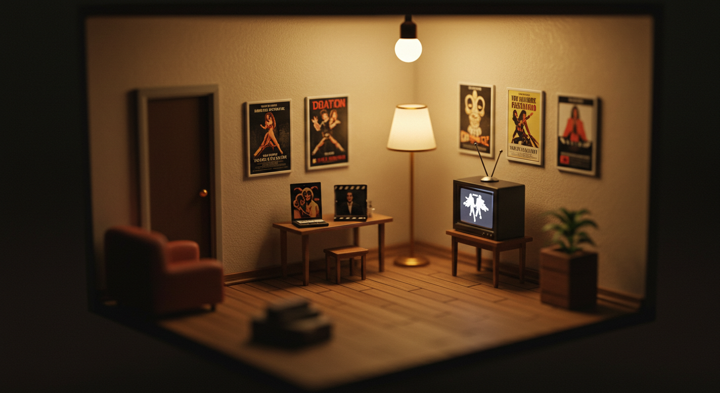 책상 위에 미니어처 영화 포스터 카드와 작은 TV 모형이 놓인 틸트쉬프트 느낌의 대표 이미지