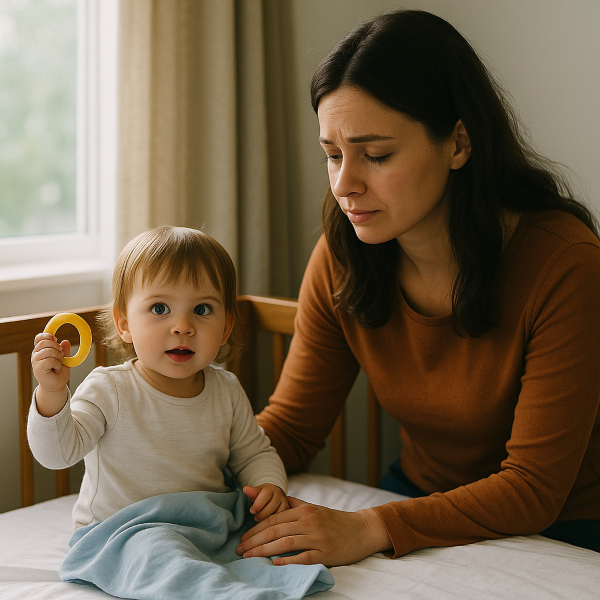 낮 시간대, 햇살이 들어오는 아기 방에서 여자 아기가 침대 위에 앉아 장난감을 가지고 노는 모습 &ndash; 낮잠을 거부하는 유아의 모습을 상징하는 이미지