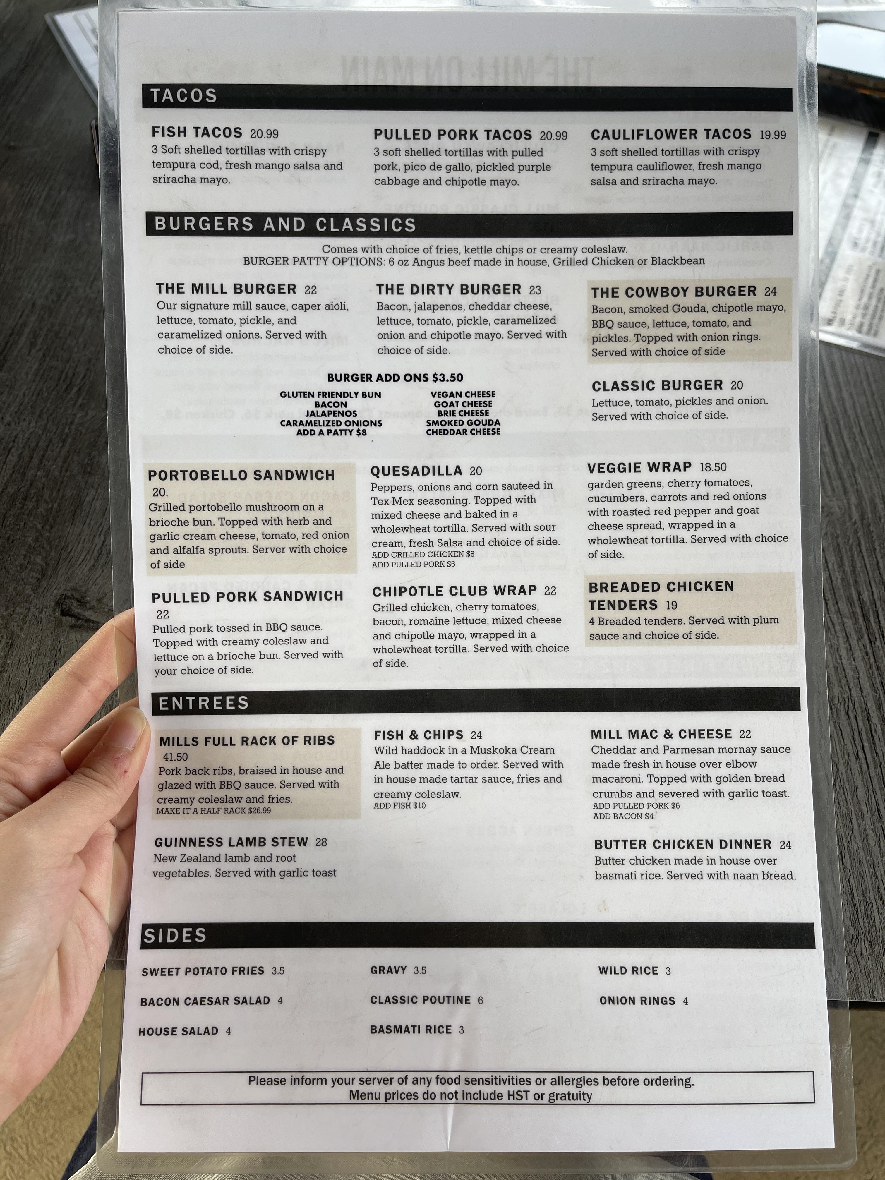 The Mill On Main 메뉴