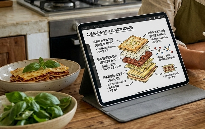 따스한 햇살이 드는 주방 식탁 위에서, 앞치마를 두른 여성이 아이패드에 라자냐의 층별 조리 과학 메커니즘을 상세히 도식화하여 기록하고 있다. 화면 속에는 파스타 면의 글루텐 결합, 볼로네제 소스의 마이야르 반응과 단백질 분해, 베샤멜 소스와 치즈의 유화 작용이 라자냐의 단면 구조와 함께 그림으로 잘 설명되어 있다. 테이블 위에는 방금 완성된 라자냐 요리와 볼로네제 소스, 리코타 치즈 등 재료가 놓여 있고, 배경의 냄비에서는 요리의 온기가 모락모락 피어오르고 있다. 미식의 본질을 과학적 시선으로 풀어내는 요리 연구가의 감성적인 작업 현장을 담은 장면이다.