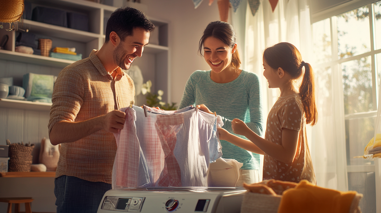 세탁기에서 막 말린 옷을 가지고 기뻐하는 가족의 행복한 순간, 따뜻한 미소와 사랑이 가득한 모습.
