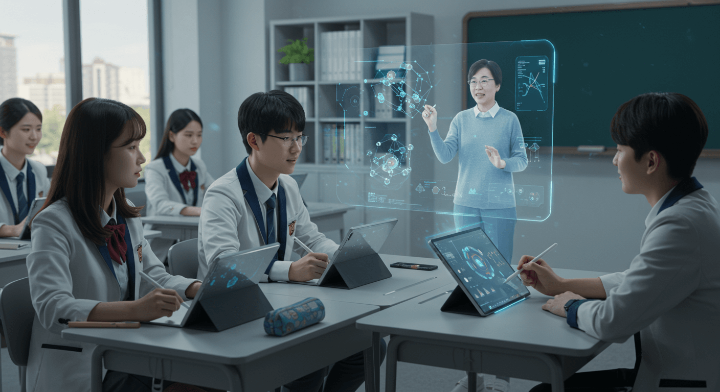 AI 기반 교육 도구를 활용해 공부하는 한국 학생들 모습 1