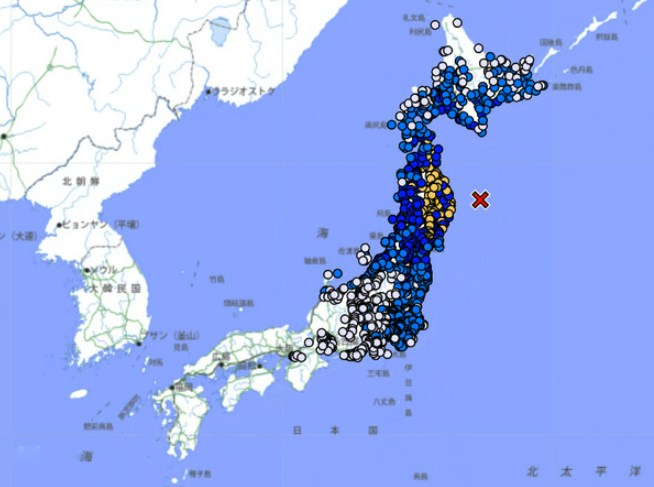 일본 혼슈 동쪽 해역 지진·위치