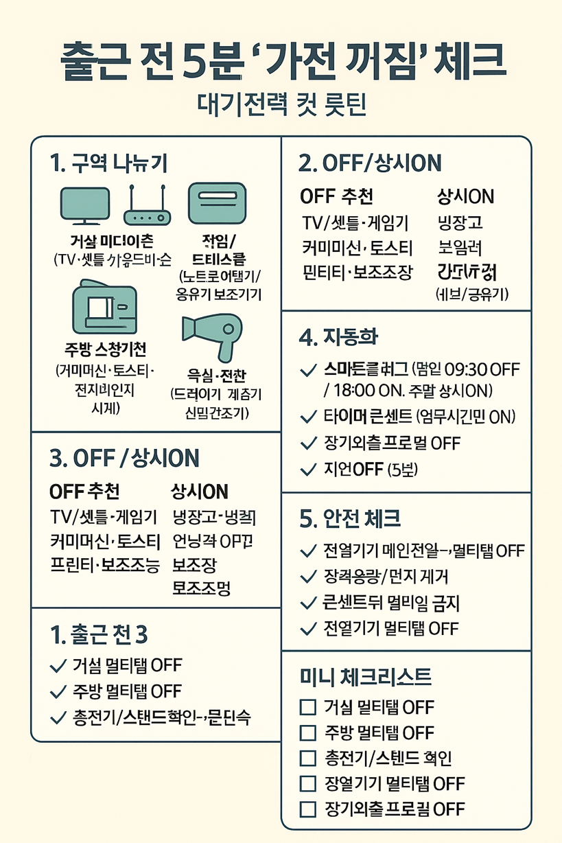 대기전력차단 출근전5분 가전꺼짐 체크 루틴