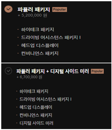 제네시스-GV60-옵션중-가장-많이-선택하는-파퓰러패키지-가격을-나타낸-그림