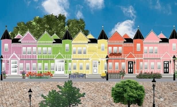 파란 하늘 아래 수많은 다가구 주택들이 즐비하고 푸른 나무들이 길가에 있는 그림이다.