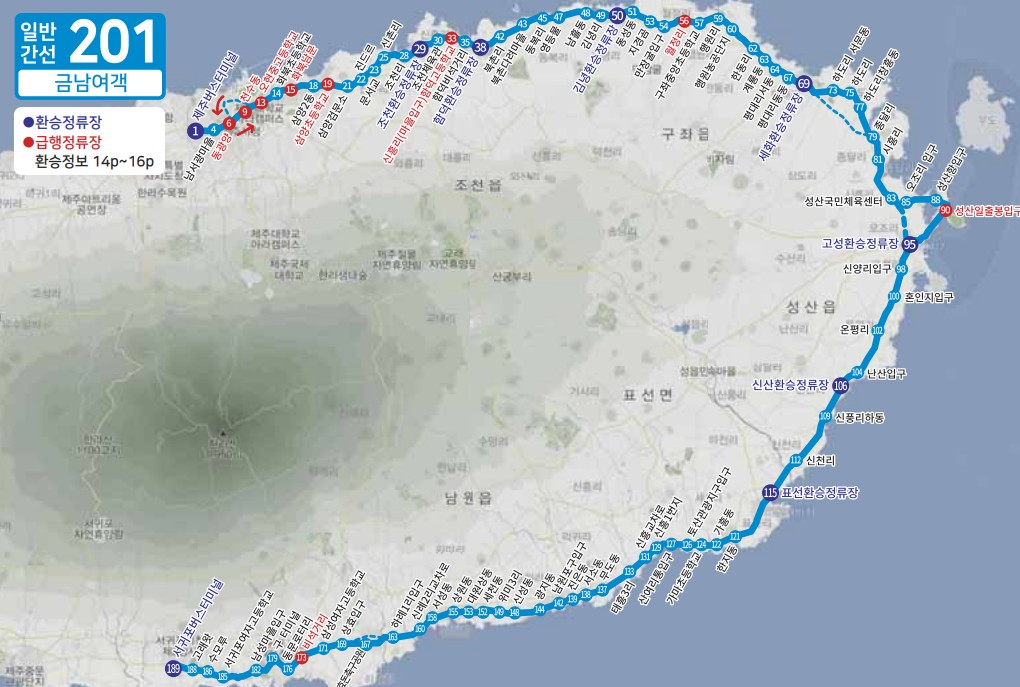 제주도 버스노선 - 일반간선버스201, 202, 일반간선버스211, 212, 일반간선버스221, 222, 일반간선버스231, 일반간선버스232, 일반간선버스240, 일반간선버스251, 252, 253, 254, 255, 일반간선버스260, 일반간선버스270, 일반간선버스281, 282, 일반간선버스291, 292, 295
