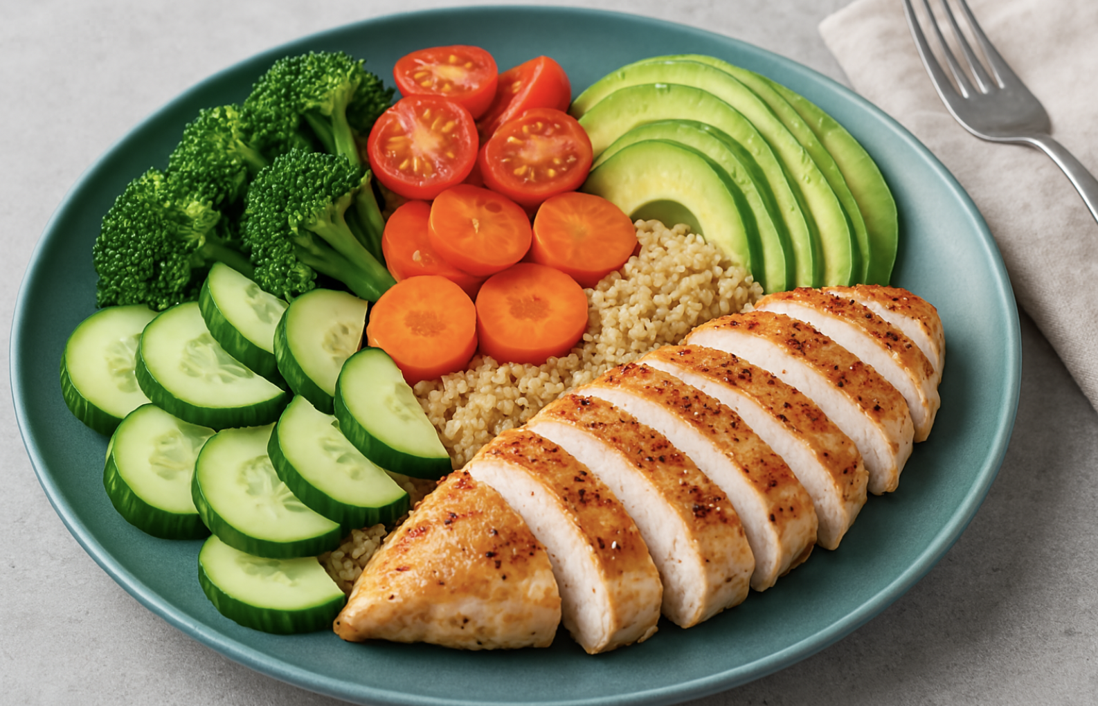 그릴에 구운 치킨, 신선한 채소, 퀴노아, 아보카도가 담긴 건강한 식사가 큰 접시에 담겨 있는 모습.