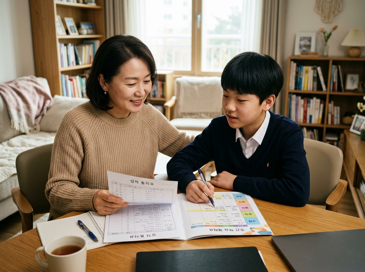 학부모와 학생이 수학 학습 계획을 함께 점검하는 장면