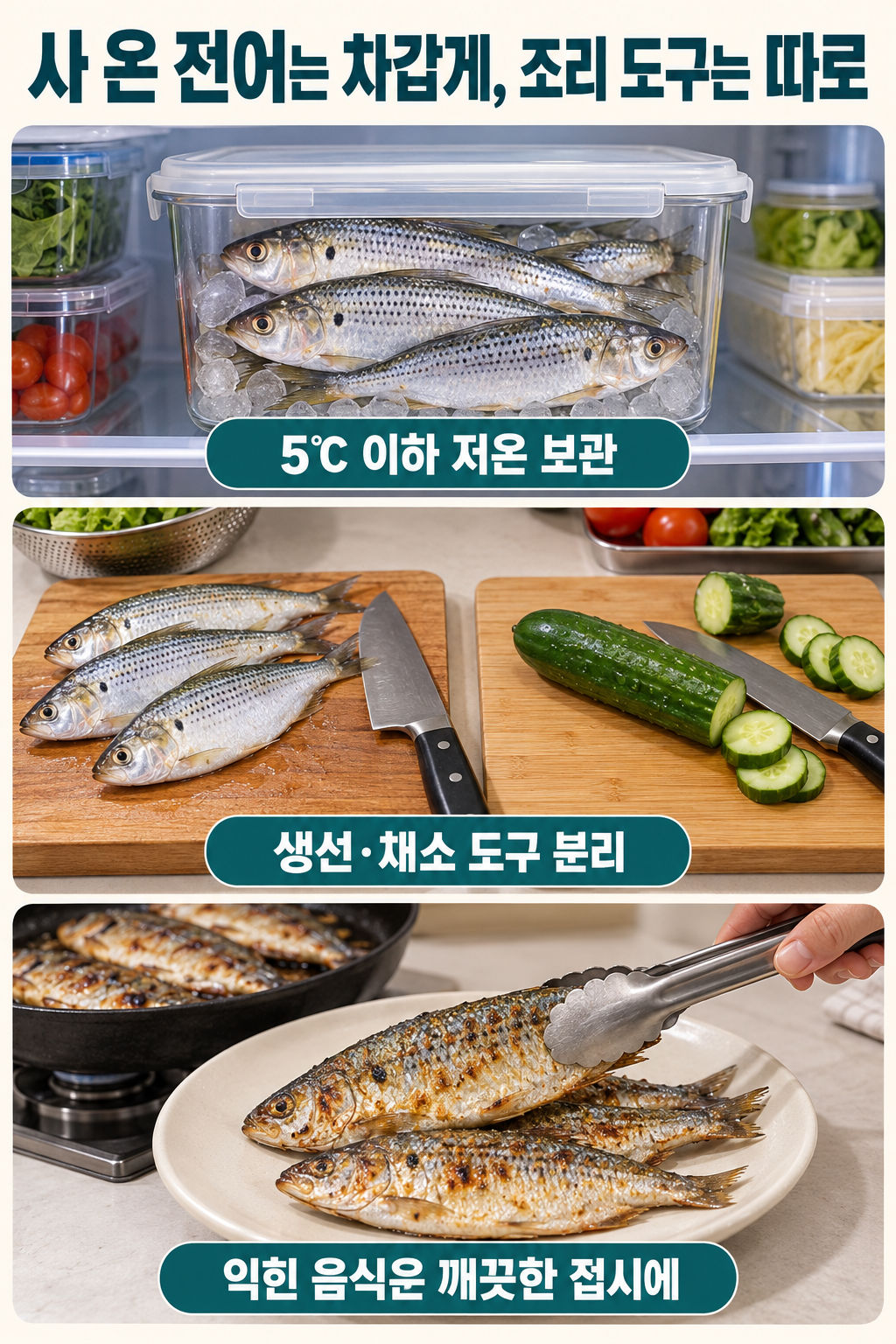 전어를 덮개 있는 용기에 차갑게 보관하고 생선&middot;채소의 도구와 완성 음식의 접시를 나누는 실사 안내.