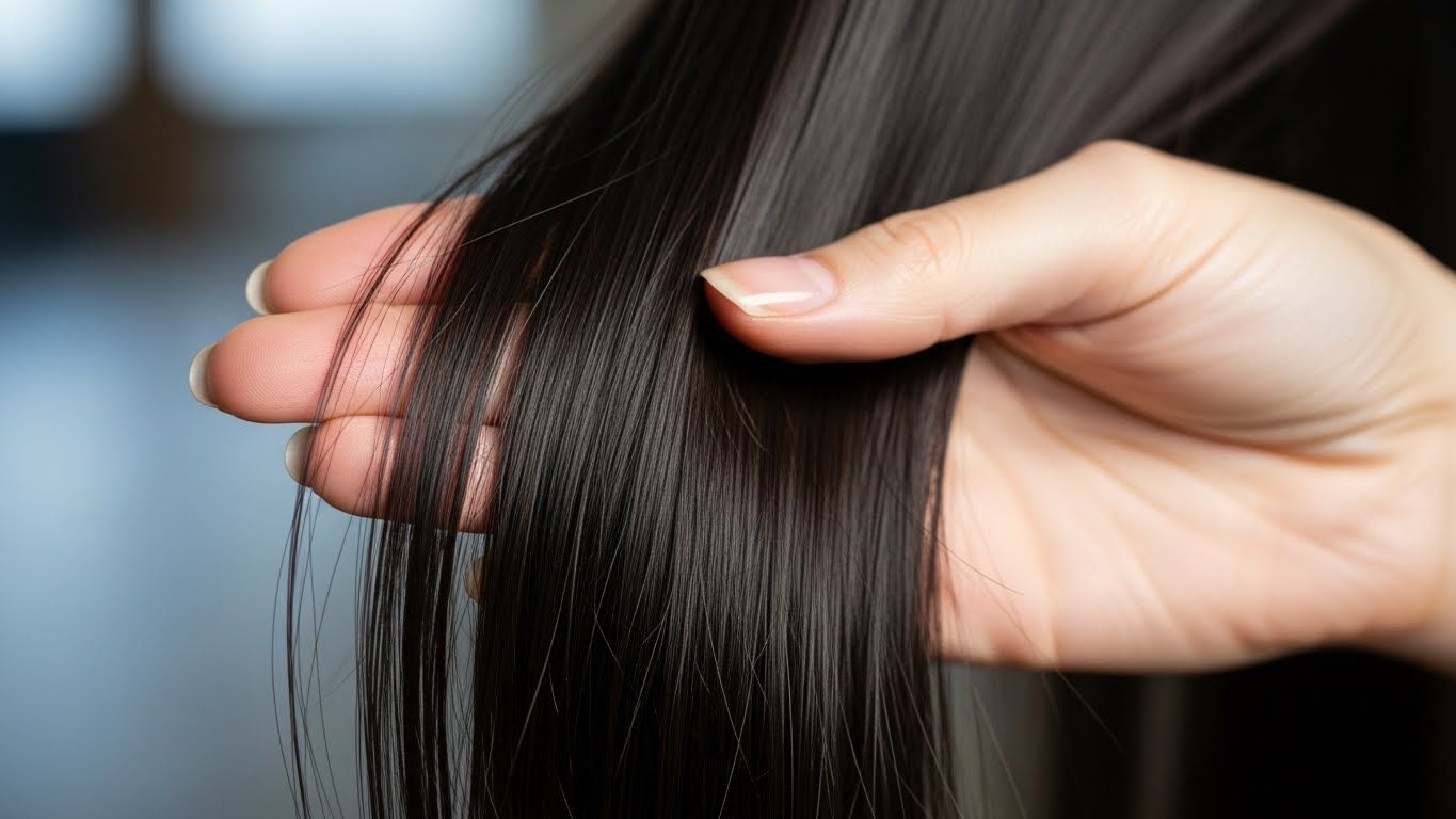 유난히 부드럽고 윤기가 나며 엉킨 어두운 머리카락 사이로 부드럽게 흐르는 손의 클로즈업 샷으로 고품질 헤어 마스크의 효과를 입증합니다.