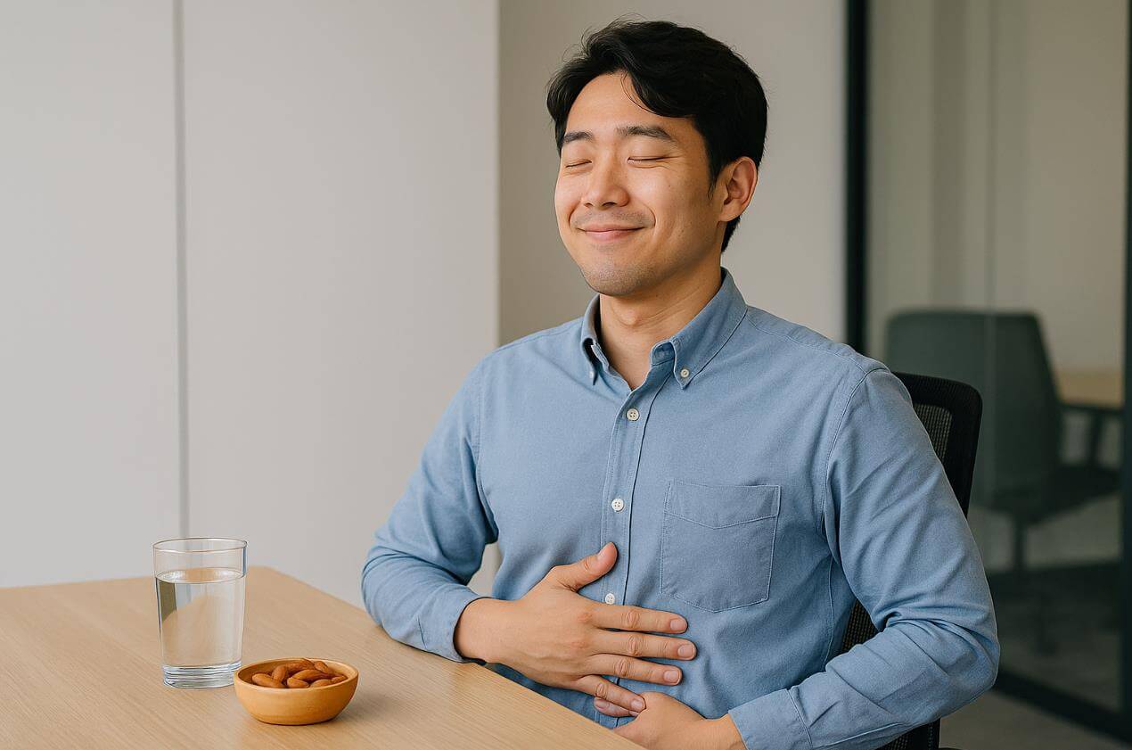회의실 책상에서 아몬드를 먹고 포만감을 느끼며 만족스럽게 미소 짓는 한국인 청년 모습.