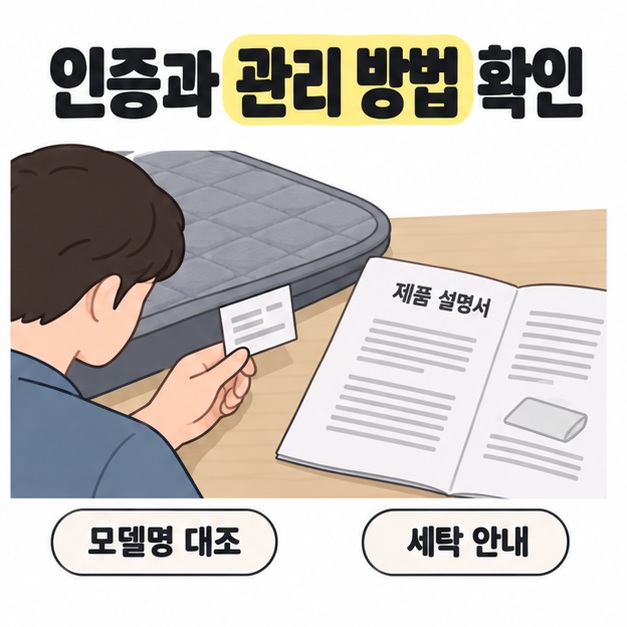인증과 관리 방법 확인 문구 아래 남성이 매트의 제품 라벨과 펼친 설명서를 대조하며 모델명과 세탁 안내를 살피는 장면