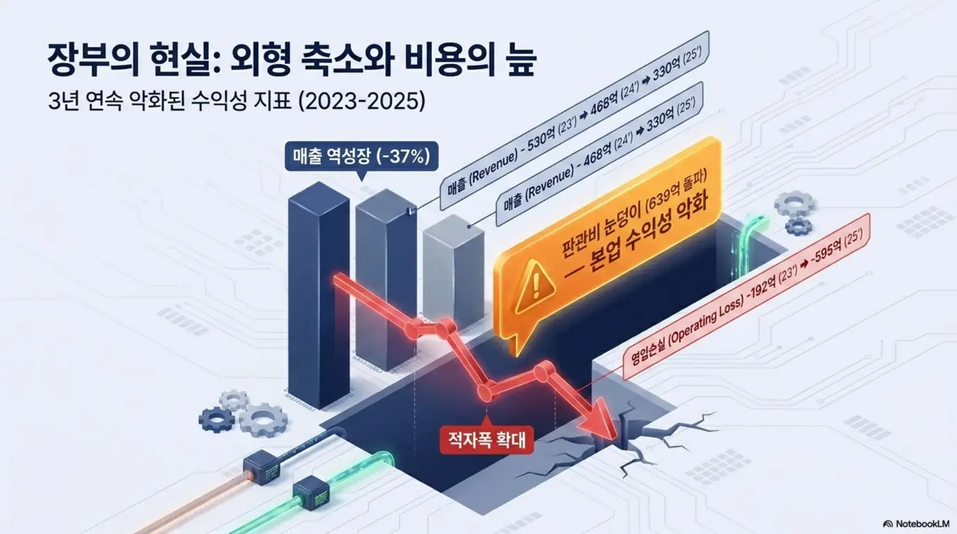 두산로보틱스 주가 전망: &lsquo;장부의 현실&amp;#44; 외형 축소와 비용의 늪&rsquo;이라는 문구와 매출 530억에서 330억으로 역성장하고 영업손실이 192억에서 595억으로 확대된 막대&middot;하락 그래프가 담긴 이미지. 이 이미지는 판관비 급증으로 악화된 두산로보틱스 3년 수익성 지표를 시각적으로 전달하며&amp;#44; 블로그의 두산로보틱스 실적 분석 주제와 관련된 내용을 설명함 