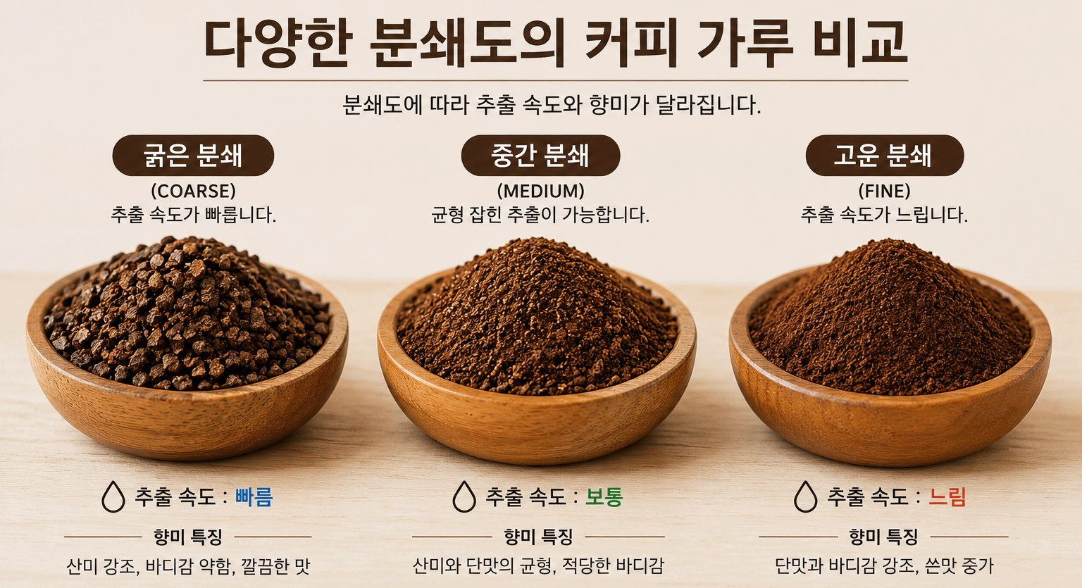 커피 분쇄도에 따른 추출 속도와 향미 차이 및 추출 방식별 권장 분쇄도를 설명한 인포그래픽