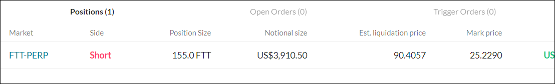FTT 숏 포지션 상태 확인
