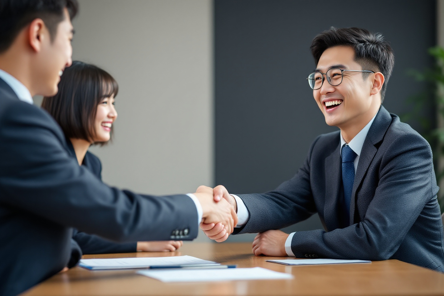 서로 신뢰하며 웃으면서 악수를 하는 모습
