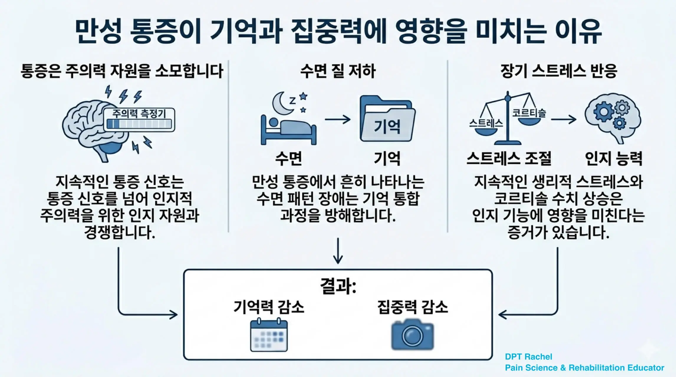만성 통증이 기억력과 집중력에 영향을 주는 세 가지 주요 경로를 설명하는 인포그래픽