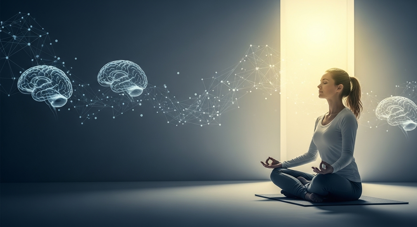평화로운 공간에서 명상하는 사람 뒤로 뇌 활성화 패턴이 보이는 이미지. 뇌과학 기반 스트레스 해소법을 상징.
