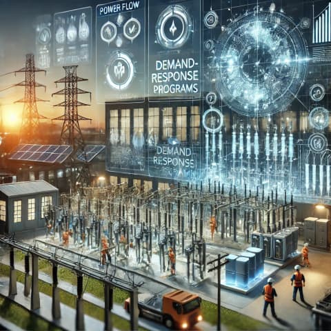 A control center with multiple screens displaying real-time power flow, grid status, and demand-response programs
An outdoor substation equipped with advanced monitoring sensors and communication hardware for smart grid functionality
Linemen installing or maintaining smart meters on residential or commercial buildings
A 3D diagram or flowchart showing renewable energy sources, battery storage, and smart grid control systems in a modern distribution network