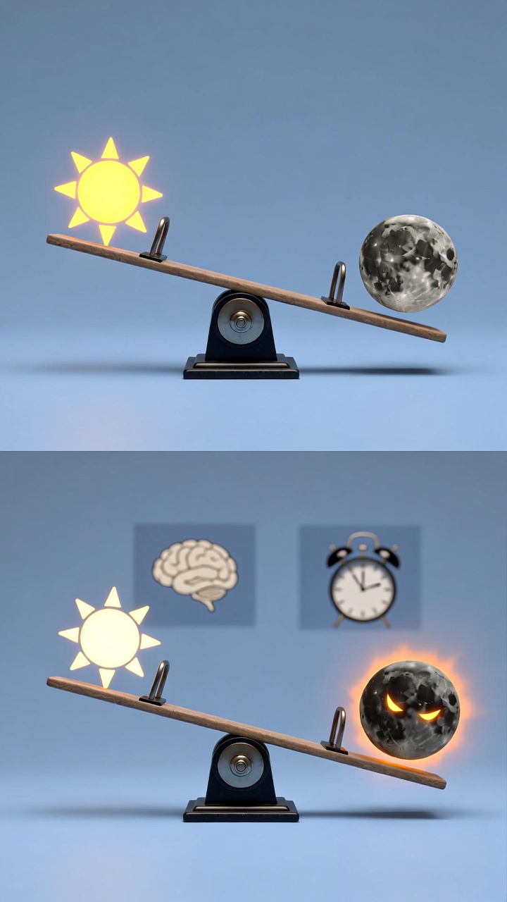 정상적인 호르몬 균형 상태의 시소와 수면 부족으로 인해 식욕 호르몬이 무너진 상태를 비교한 인포그래픽 이미지입니다.