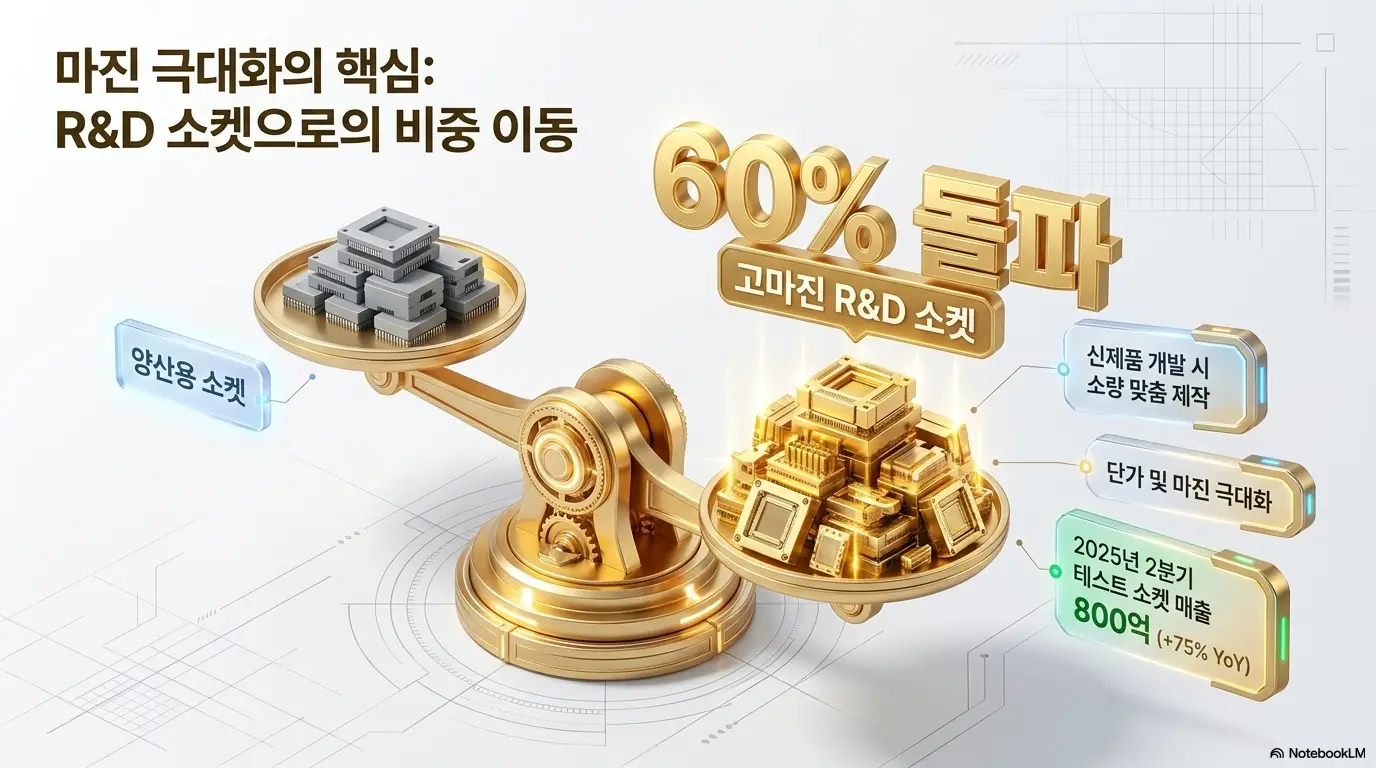 리노공업 주가 전망: 리노공업의 마진 극대화 요인인 연구개발용 소켓 비중 확대를 저울로 표현한 인포그래픽. 양산용 소켓보다 단가와 마진이 높은 연구개발용 소켓 비중이 60%를 돌파했고 2025년 2분기 테스트 소켓 매출이 전년 대비 75% 증가한 점을 보여주며, 블로그의 리노공업 주가 전망 주제와 관련된 제품 믹스 변화를 설명함