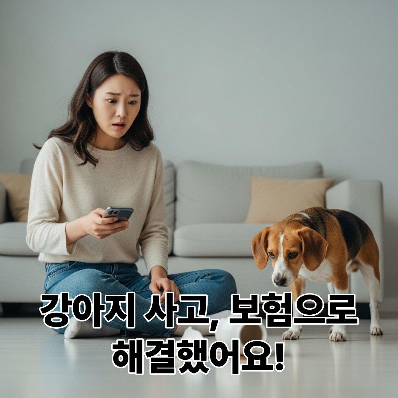 강아지가 깨뜨린 화분 앞에서 당황해하며 스마트폰을 들고 있는 초보 반려인 여성의 모습