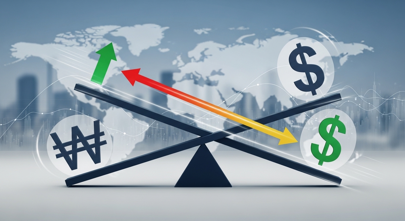 한국 원화와 미국 달러의 가치 변동을 보여주는 저울 이미지