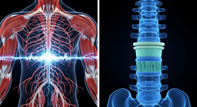 허리디스크로 신경이 눌리는 모습을 보여주는 요추 3D 의료 일러스트 이미지