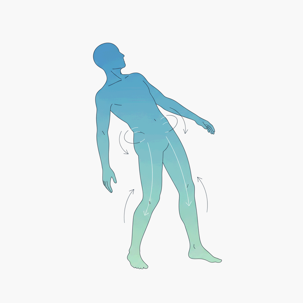 몸이 스스로 자세를 교정하는 평형 반응을 표현한 인체 일러스트레이션