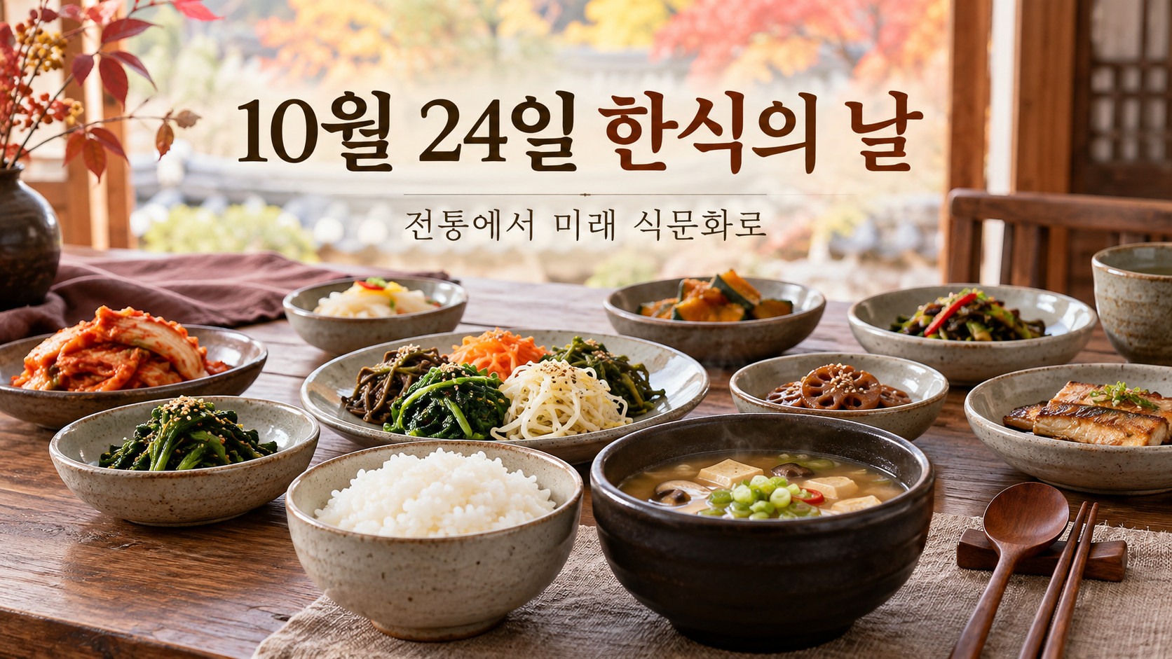 밥과 국, 김치와 여러 반찬을 차린 한식 밥상 위에 10월 24일 한식의 날 문구가 있는 AI 이미지