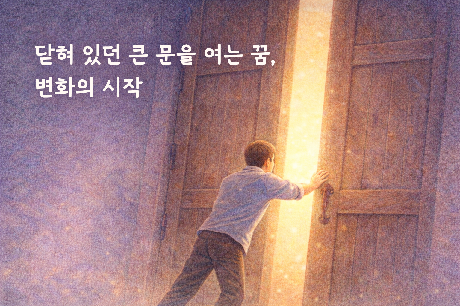 거대한 나무 문을 열자 따뜻한 빛이 새어 나오고 남성이 문을 밀어 여는 색연필 스타일 일러스트