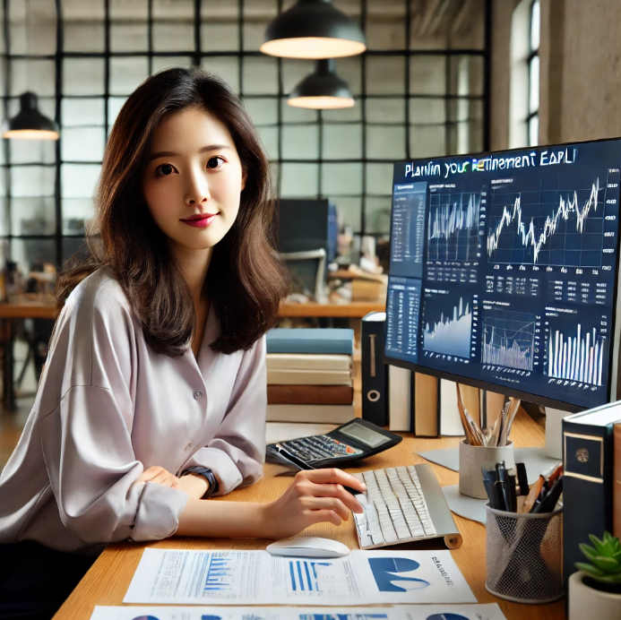 사무실에서 조기 은퇴 계획을 세우는 여성