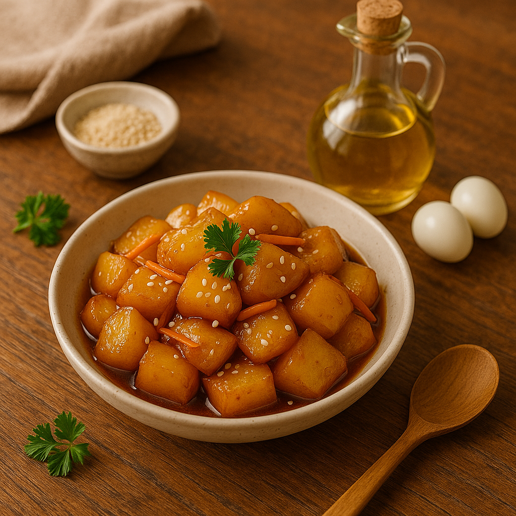 윤기 나는 감자조림과 재료가 놓인 상차림