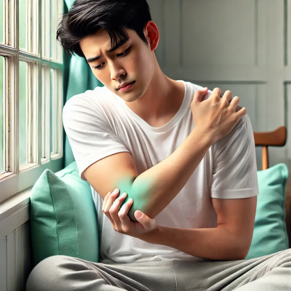 창가에서 팔을 주무르며 불편함을 느끼는 젊은 동양 남성