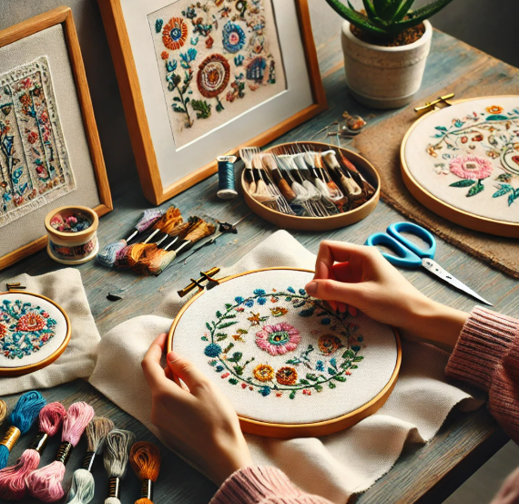 자수 공방에서 틀 안에 꽃자수를 하는 그림