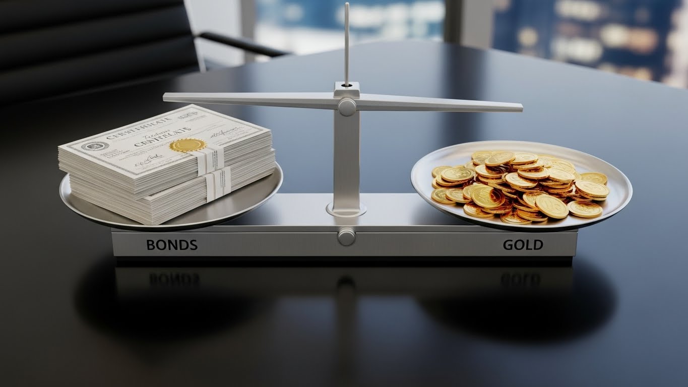 Investment portfolio concept, a balanced scale with bonds on one side and gold coins on the other, representing stable asset allocation, sleek and modern design, business desk background