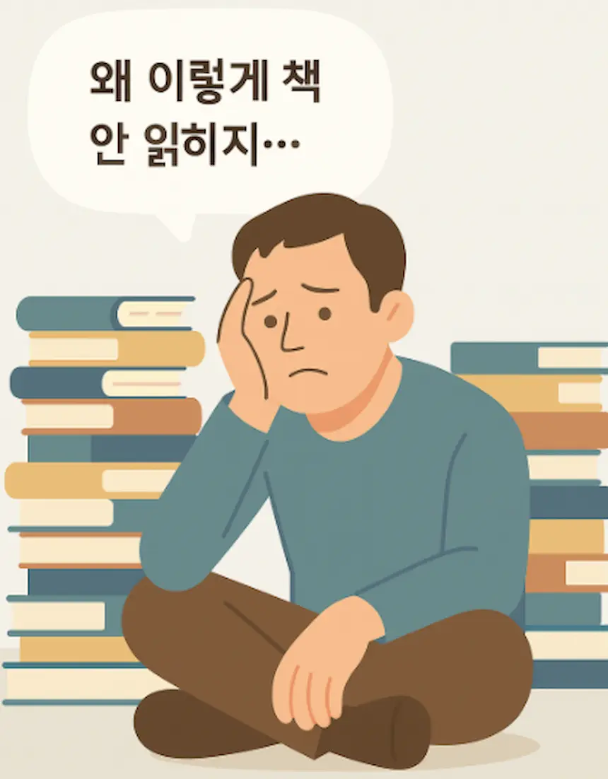 책 더미 앞에 앉아 "왜 이렇게 안 읽히지.." 라며 고민하는 남자 모습