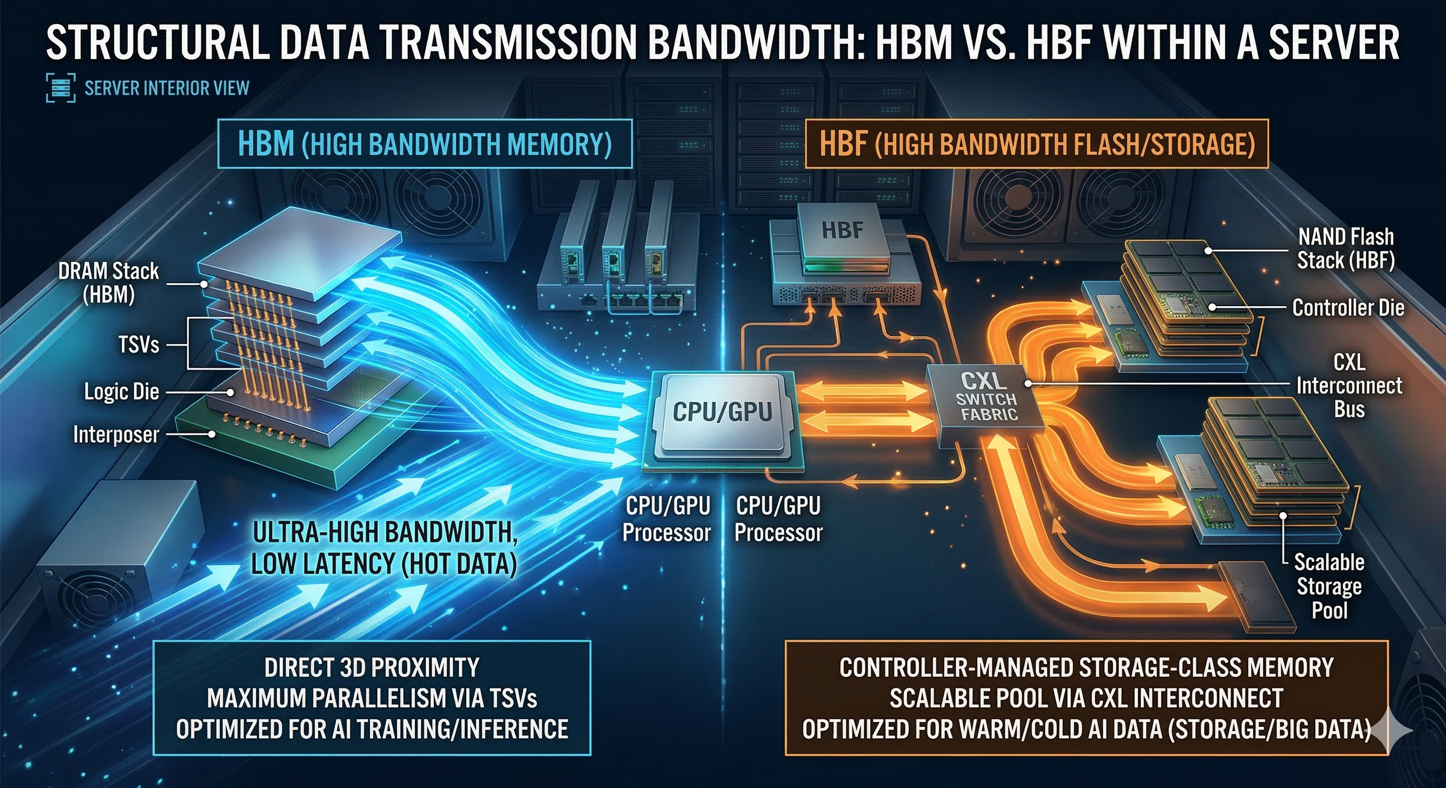HBM과 HBF의 서버 내 데이터 전송 대역폭 구조적 차이를 나타낸 3D 인포그래픽
